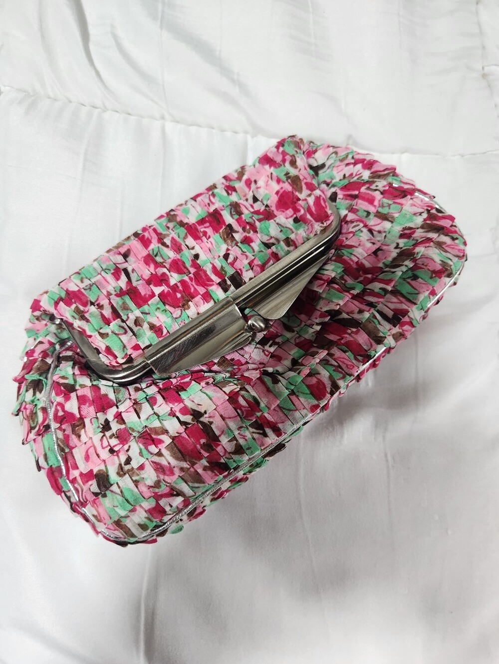 Jessica Mclintock Floral Pink & Mint Clutch Bag with Silver Hardware